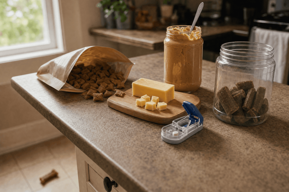 Kitchen counter with pill pockets, cheese, peanut butter and a pill splitter used to hide dog supplements