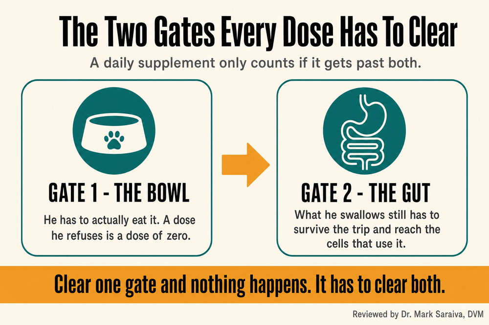 Diagram: The Two Gates Every Dose Has To Clear - the bowl and the gut