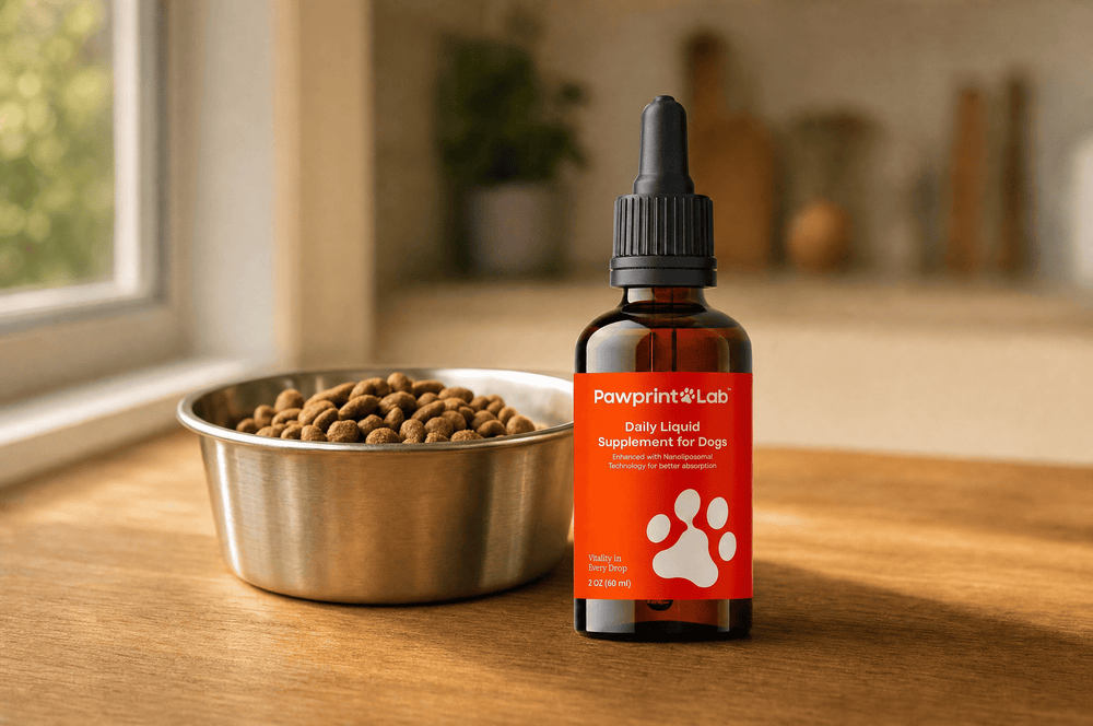 Pawprint Lab daily liquid supplement bottle on a kitchen counter beside a bowl of kibble