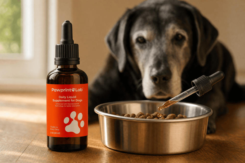 Dropper adding drops of Pawprint Lab liquid onto a bowl of kibble while a senior dog waits