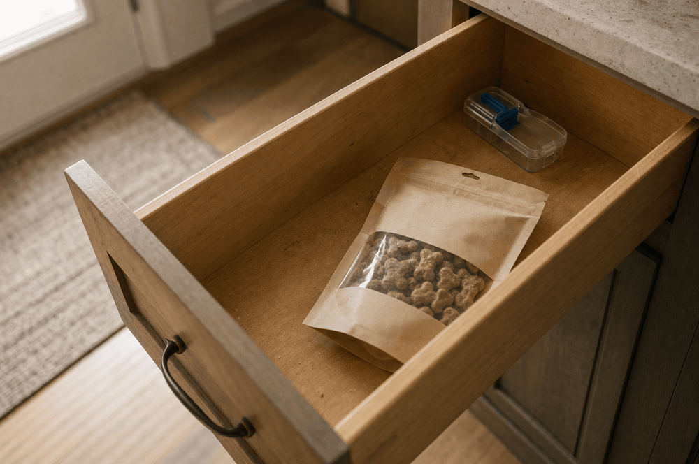 Kitchen drawer with unused pill pockets and a pill splitter pushed to the back