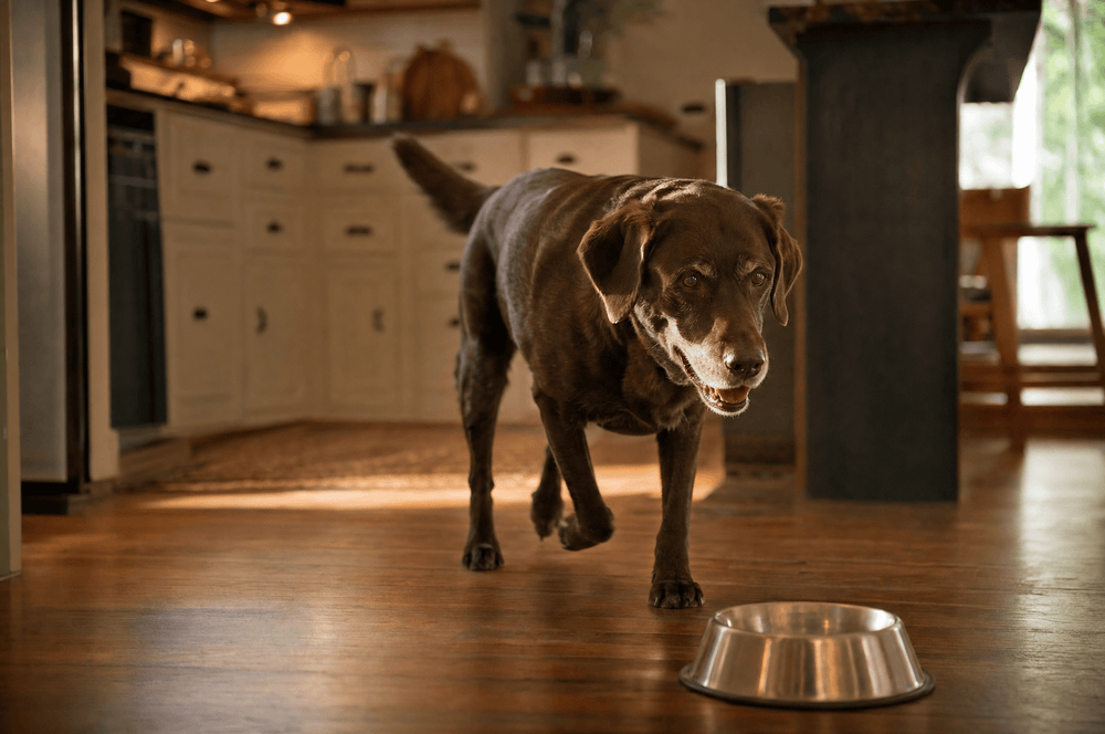 Senior Labrador trotting eagerly toward his dinner bowl