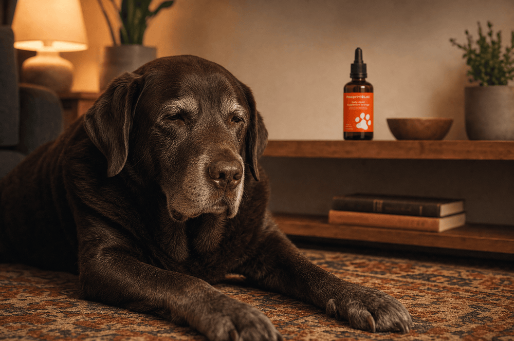 Senior Labrador resting contentedly in the evening with the Pawprint Lab bottle on a shelf behind him