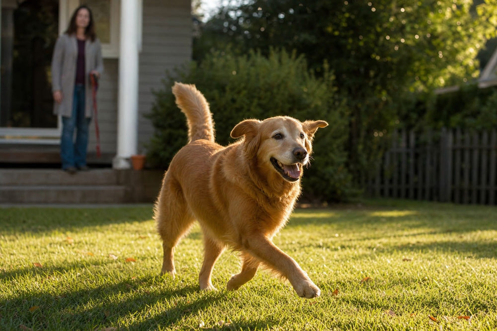 A healthy ten-year-old golden retriever trotting across a sunlit backyard lawn