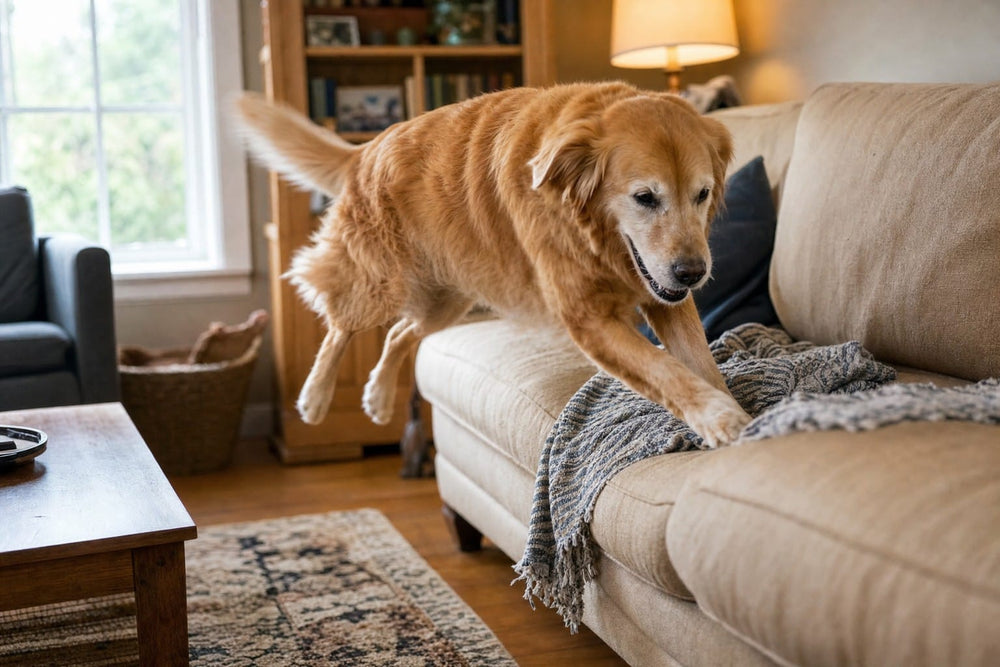 Senior dog jumping cleanly onto the living room couch in one motion