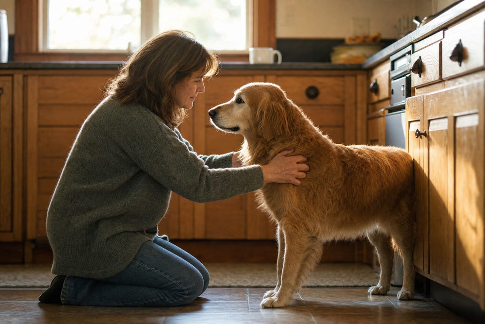 Owner kneeling on the kitchen floor with hands on her senior dog's shoulders
