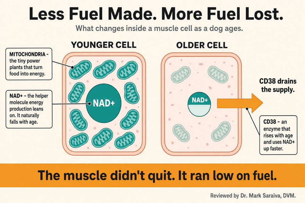 Diagram comparing mitochondria and NAD+ in a younger versus older muscle cell