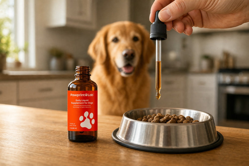 Pawprint Protocol bottle on a kitchen counter with a dropper over a dog bowl