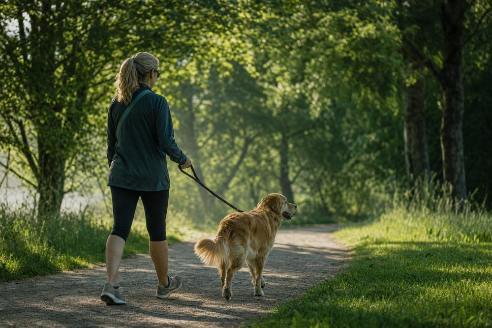 Owner walking her senior dog on a tree-lined park trail in the morning