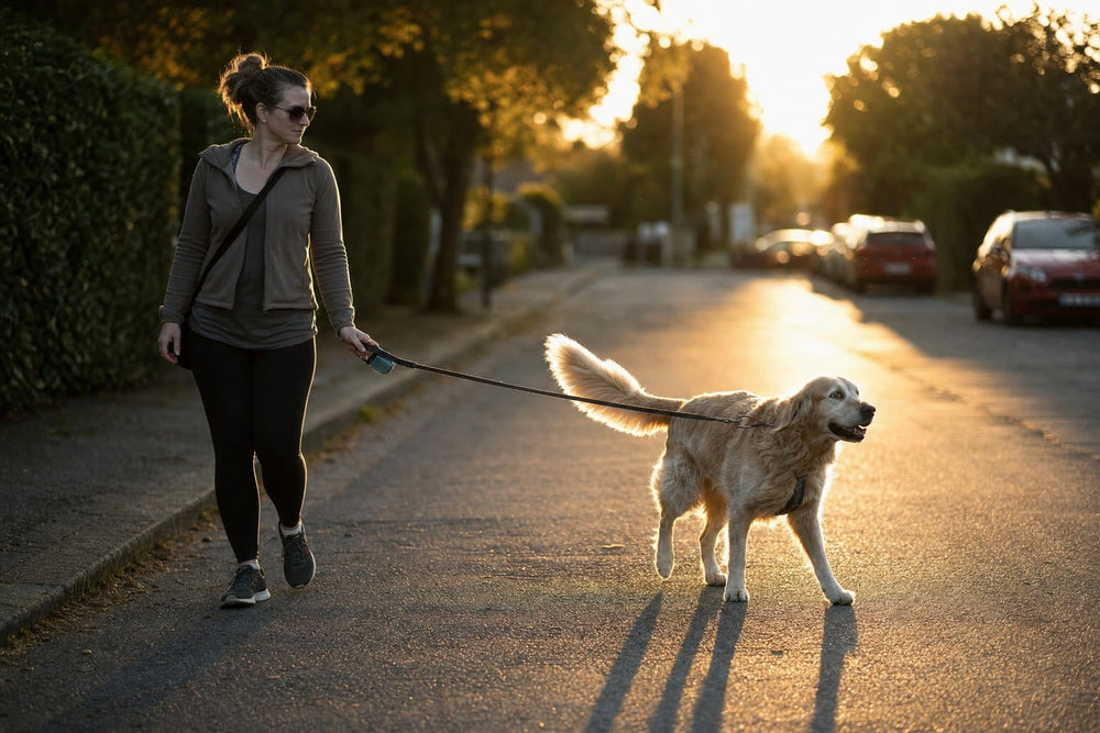 Senior dog still leading on the leash at the end of an evening walk