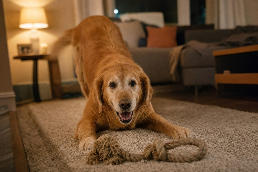 Senior dog in a play bow with a rope toy on the living room rug at night