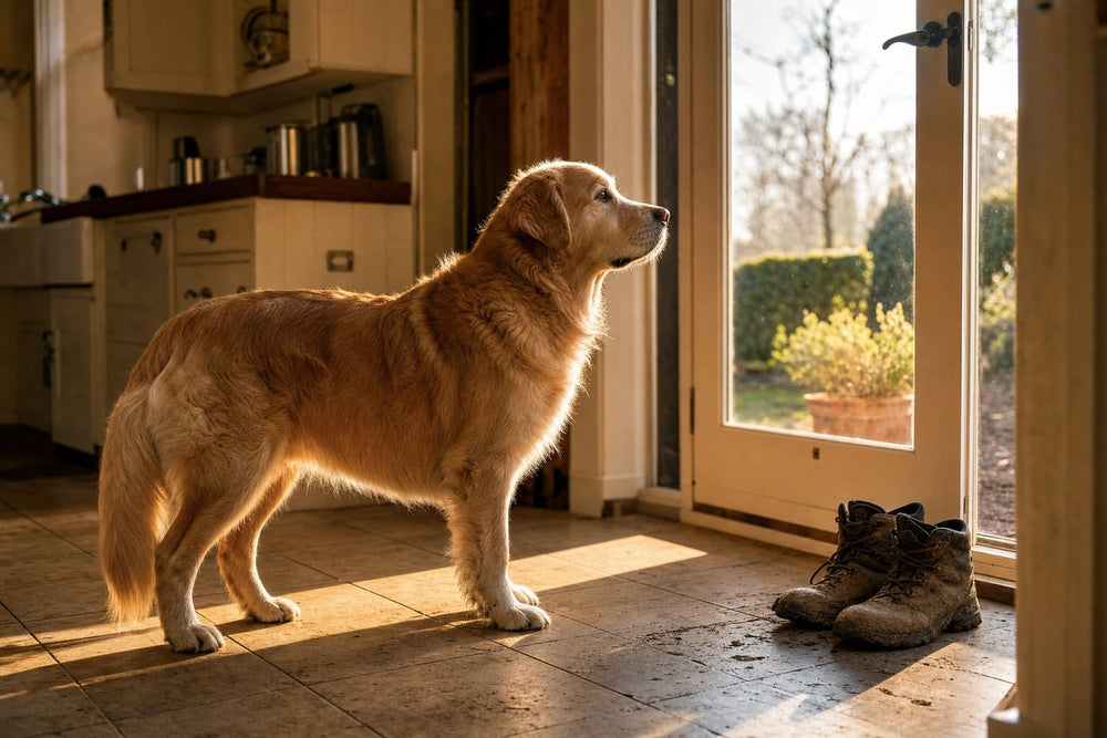 Senior dog alert at the kitchen back door at sunrise