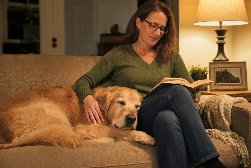 Senior dog asleep on the couch beside his owner on a quiet evening
