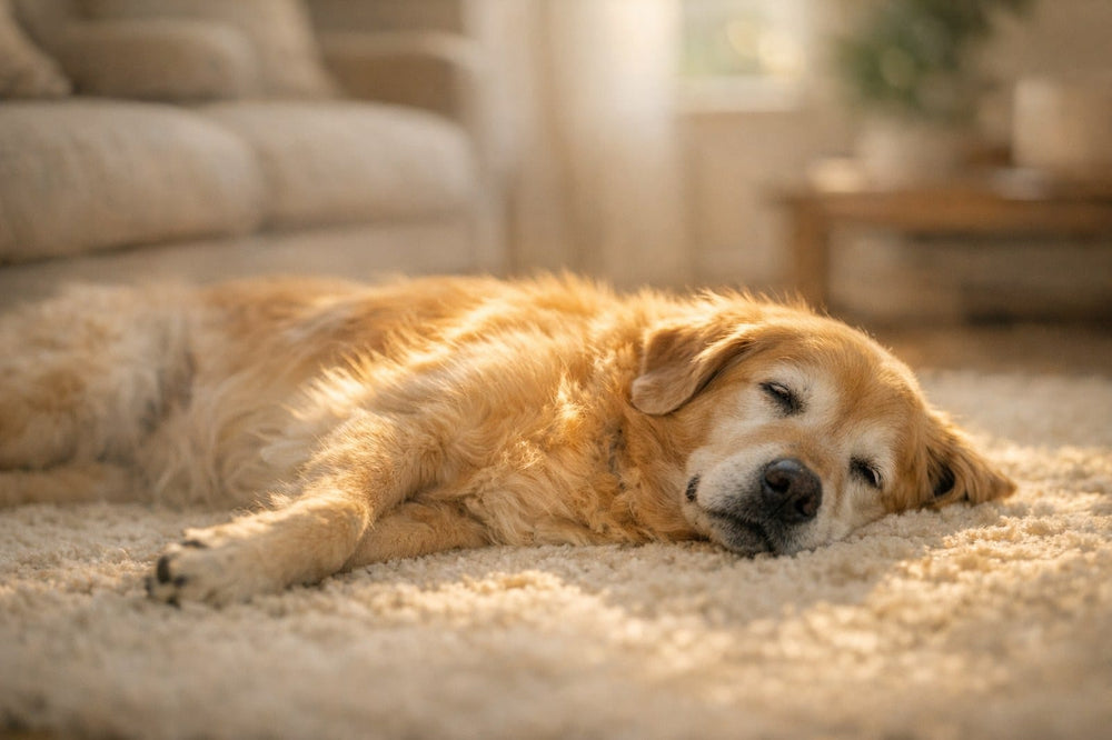 Senior golden retriever resting on a rug in warm morning light