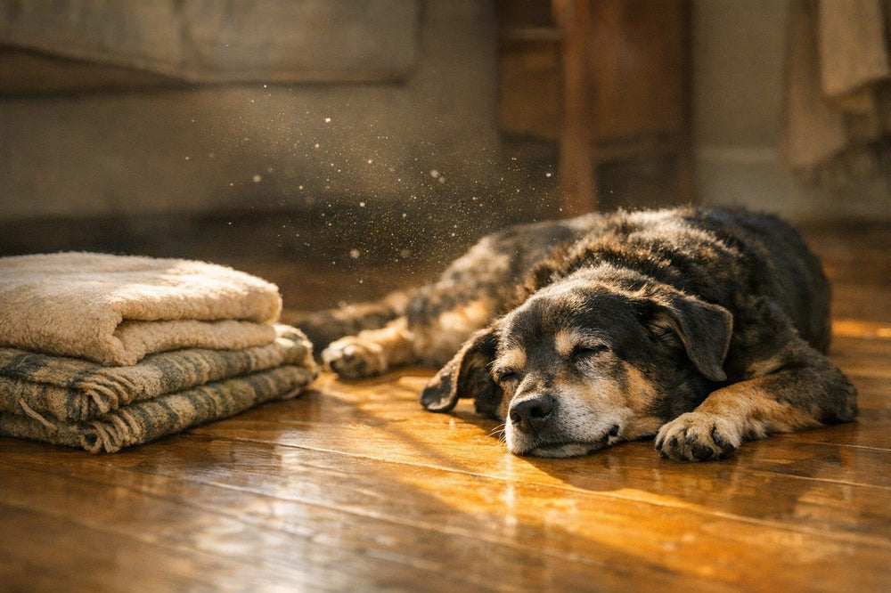 Senior dog asleep in an afternoon sunbeam on a wooden floor