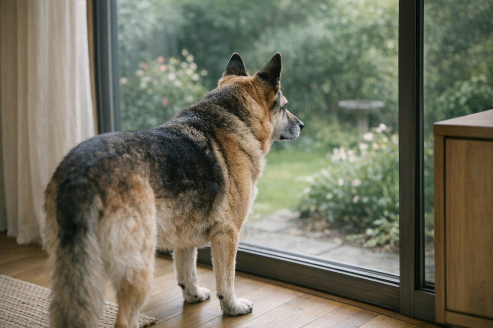 Senior dog standing at a window looking out at a garden