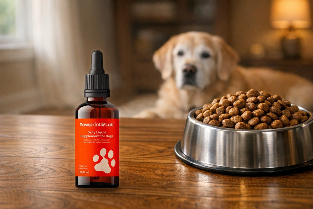 Pawprint Protocol daily liquid supplement bottle on a wooden table beside a full bowl of dog food, with a senior golden retriever resting behind