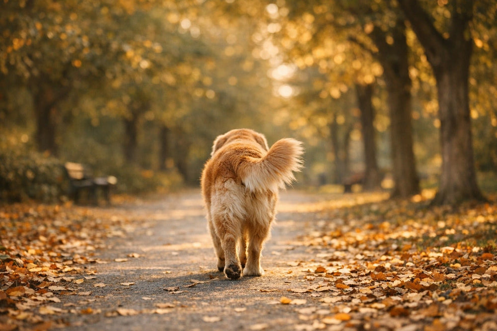 Senior golden retriever walking along a tree-lined park path