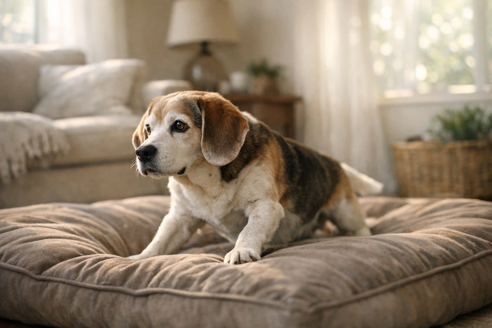 Senior beagle rising up off a cushioned dog bed