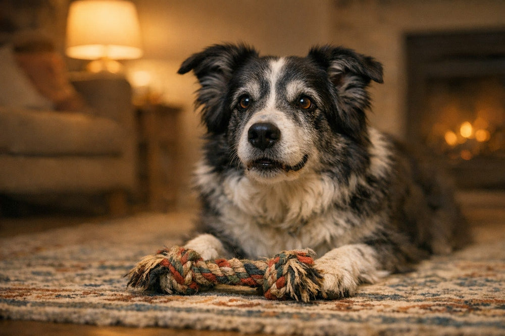 Senior border collie with a rope toy in a warm living room