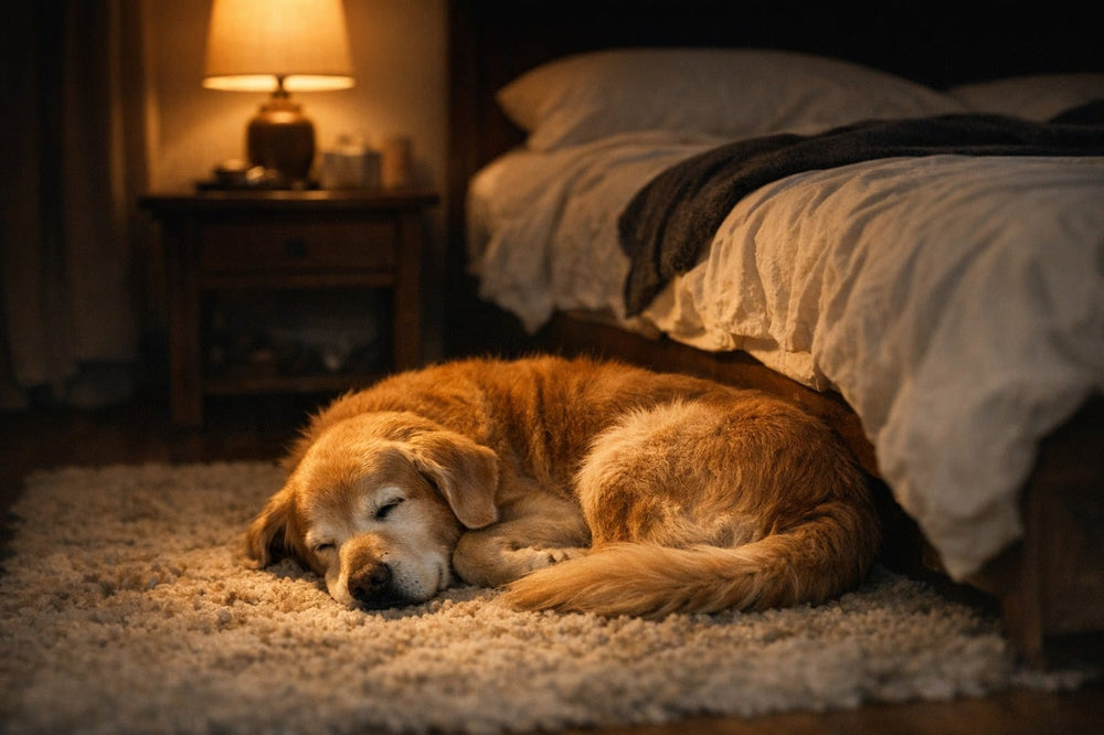 Senior golden retriever asleep on a rug beside a bed at night