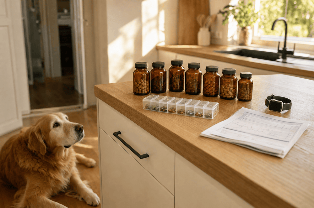 A human longevity supplement lineup on a kitchen counter while a senior golden retriever waits on the floor below