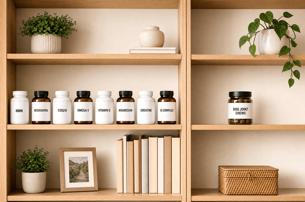A shelf crowded with human supplements next to a shelf holding a single jar of dog joint chews