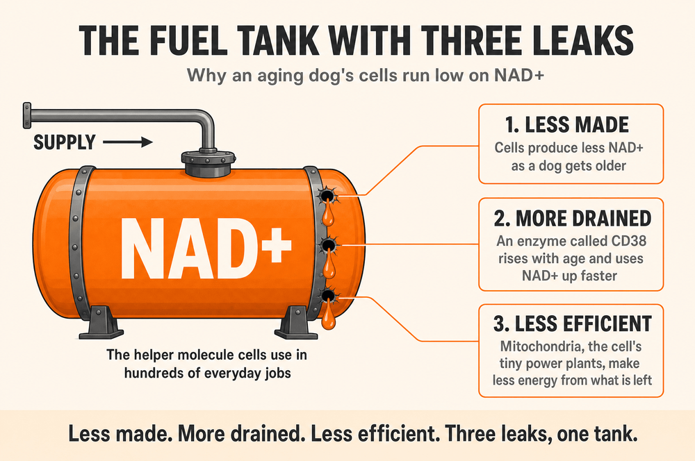 Diagram: the NAD+ fuel tank with three leaks — less made, more drained by CD38, and less efficient mitochondria