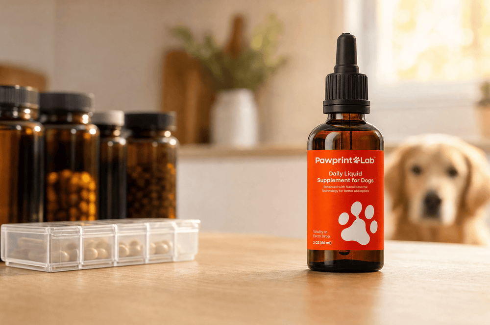 The Pawprint Protocol bottle on a kitchen counter beside a row of human supplement bottles