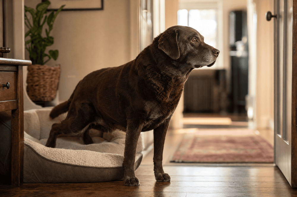 A senior chocolate labrador rising from his bed and looking toward an open doorway