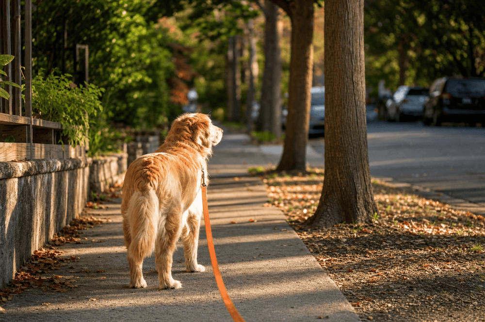 A senior golden retriever leading the way on a slack leash along an evening pavement