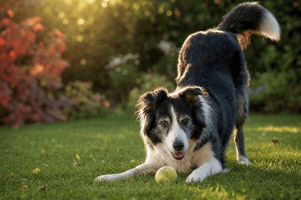 A senior border collie in a play bow over a tennis ball in a sunlit backyard