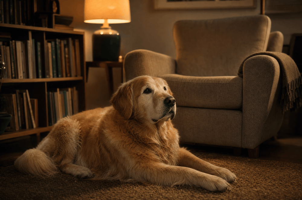 A senior golden retriever settled contentedly on a rug beside an armchair in warm evening lamplight