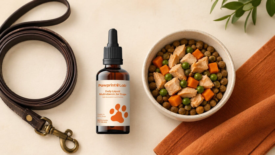 Pawprint Wellness Protocol bottle beside a healthy portioned dog meal