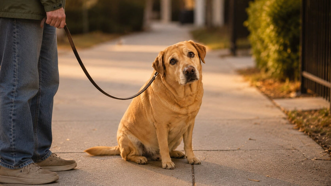 Overweight dog sitting down mid-walk, refusing to move