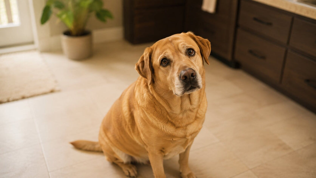 Overweight dog looking up with Pawprint Wellness Protocol drops