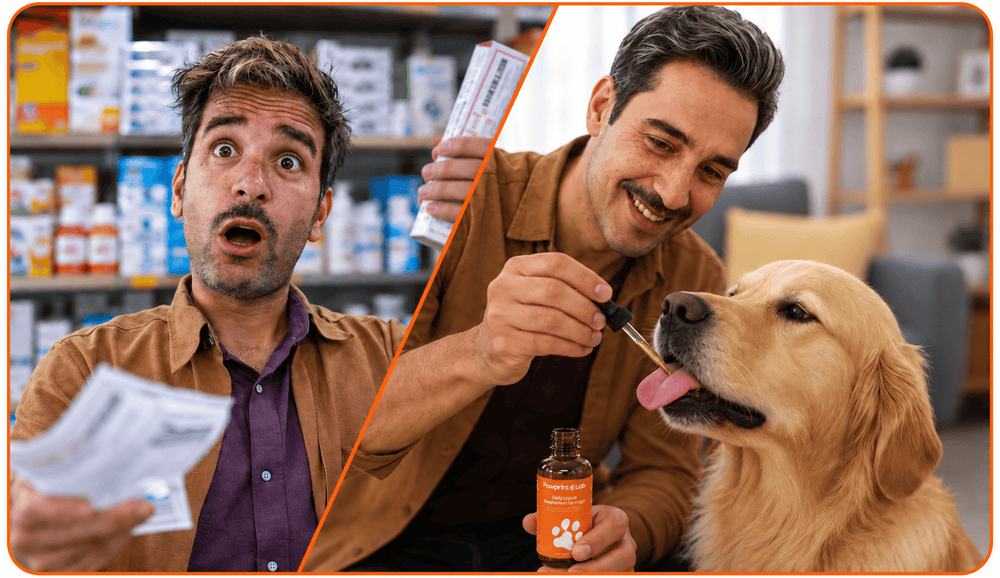 Scène illustrative d'un maître surpris comparant des compléments et souriant en donnant des gouttes de Pelux Protocol à un golden retriever