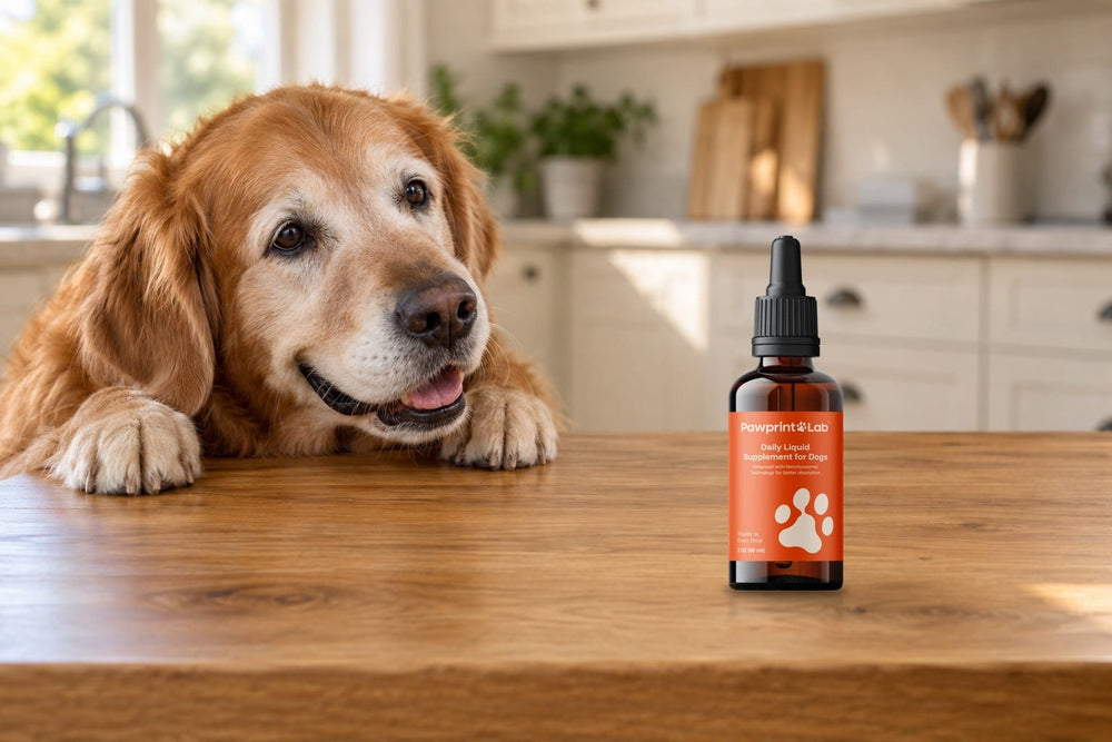A happy senior golden retriever resting his chin on a kitchen table, looking at a bottle of Pawprint Protocol
