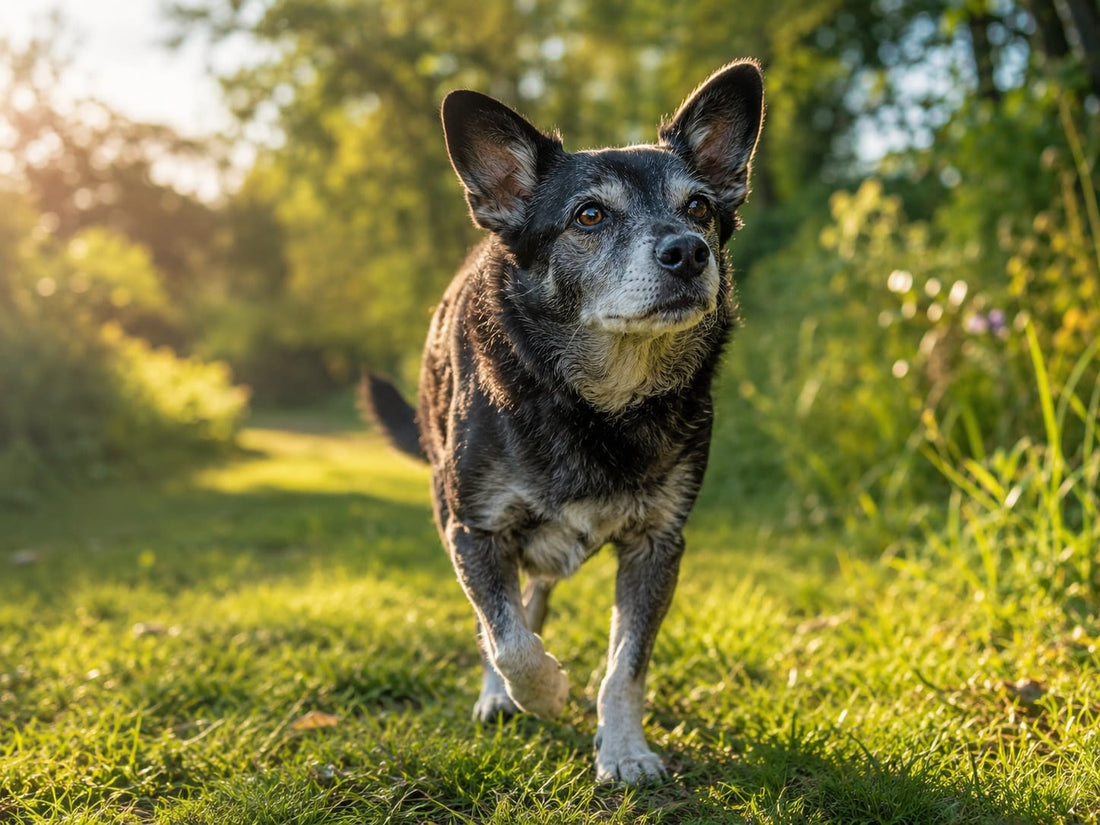 Senior dog walking brightly outdoors in morning light