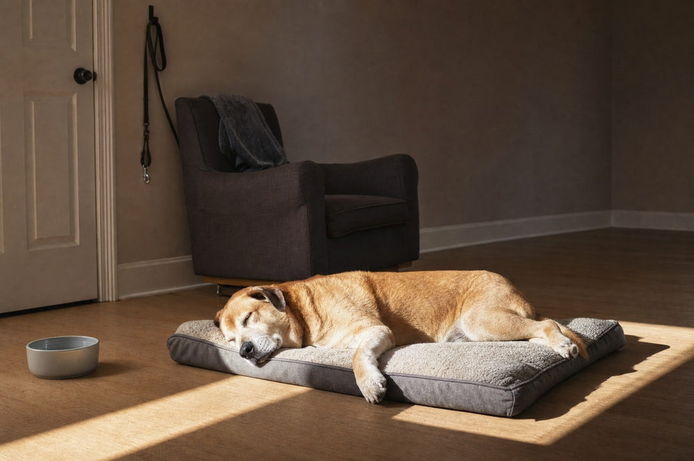 A senior dog asleep on his bed in a sunlit living room the morning after a long day