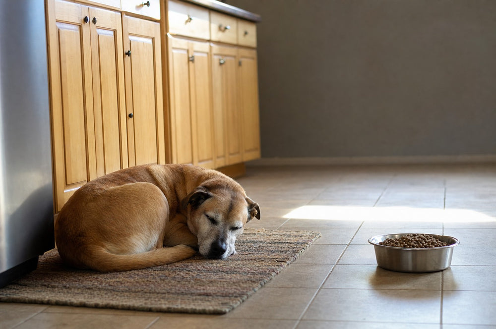 A senior dog sleeping on a kitchen rug beside an untouched bowl of food