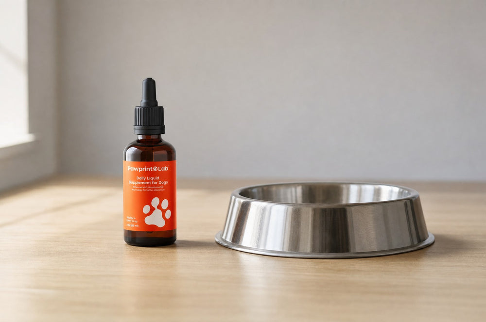 Pawprint Protocol bottle on a kitchen worktop beside a steel dog bowl