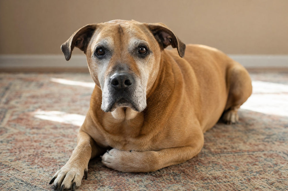 A senior dog resting on a rug looking toward the camera