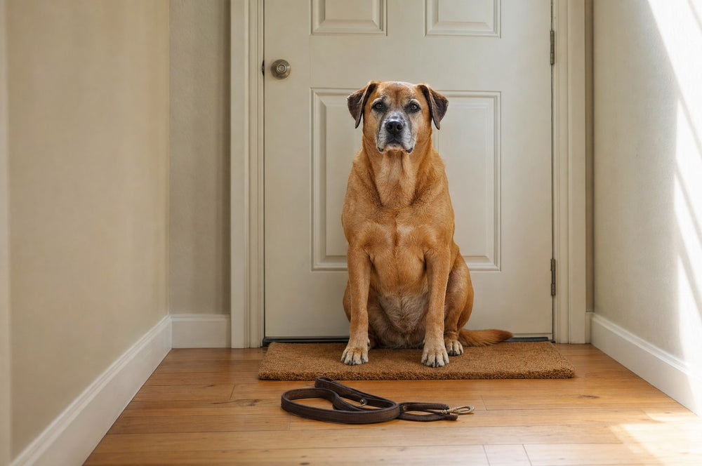 A senior dog sitting by the front door with his leash on the floor