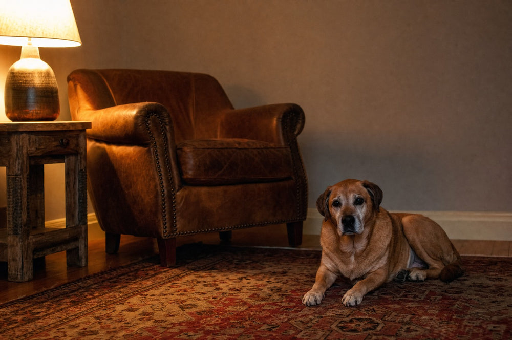 A senior dog settled on a rug beside an empty armchair in the evening