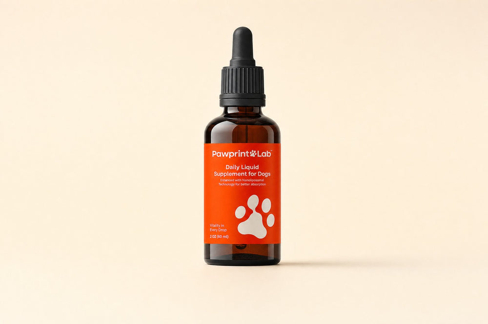 Pawprint Protocol daily liquid supplement bottle on a cream background
