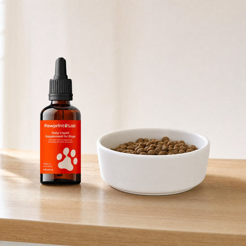 Pawprint Protocol bottle beside a bowl of kibble on a worktop
