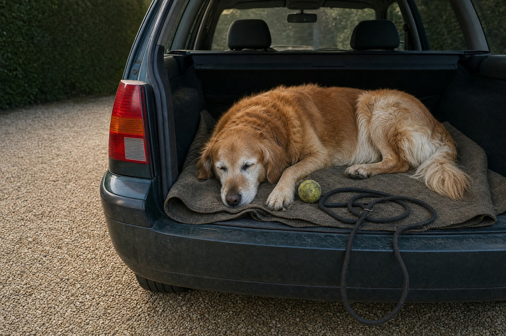 A senior golden retriever asleep on a blanket in the open boot of a car after the park, a tennis ball beside him