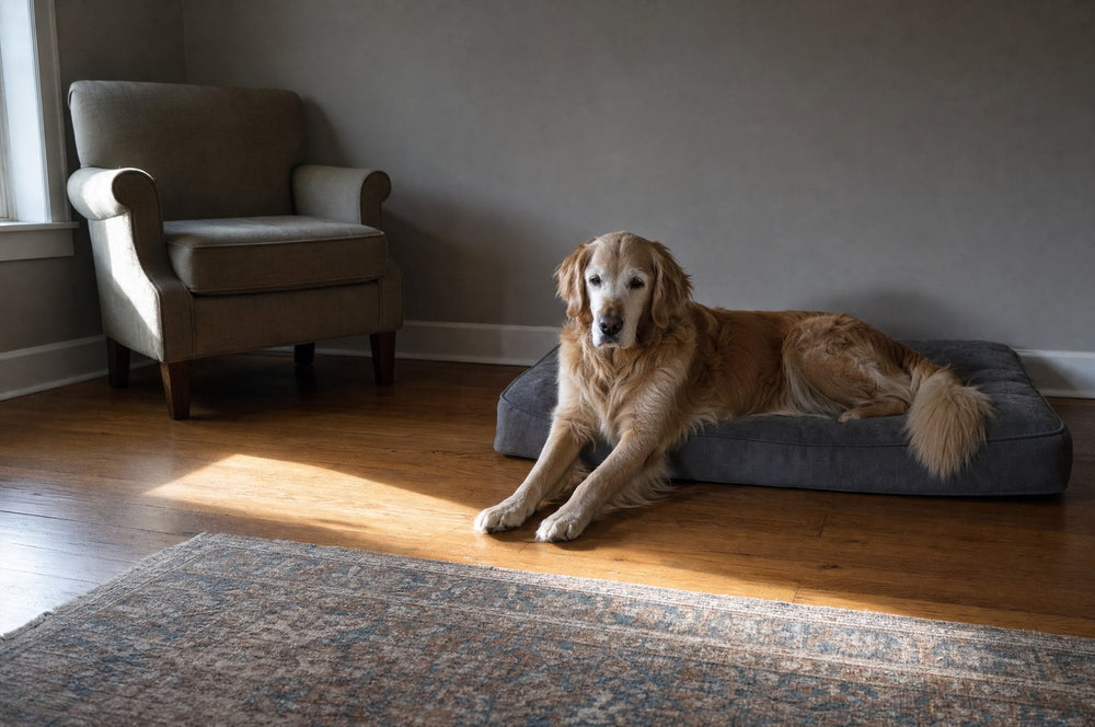 The morning after: a senior golden retriever still lying on his bed on a wooden floor, head up but not yet risen