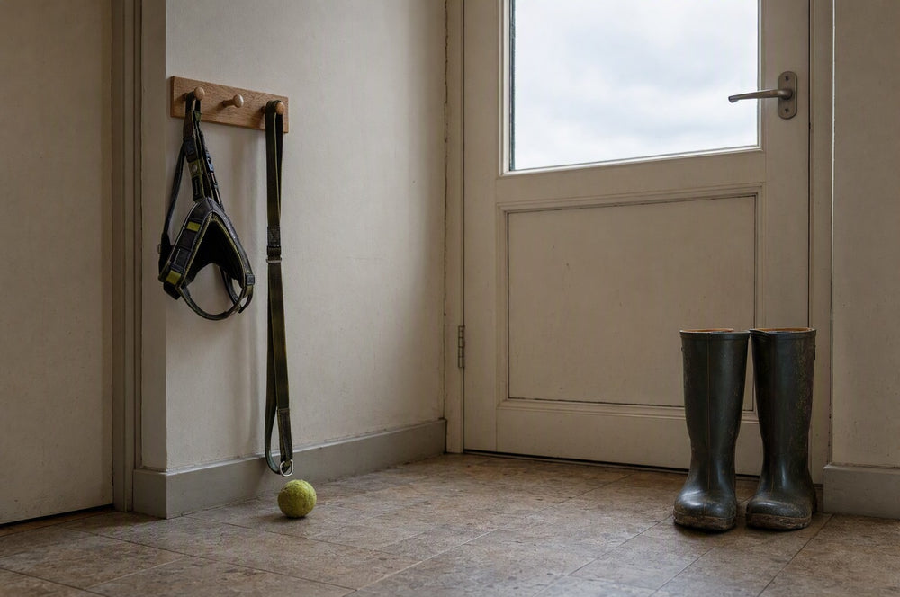 A dog harness and leash hanging unused on a back-door hook, a tennis ball on the tiles below